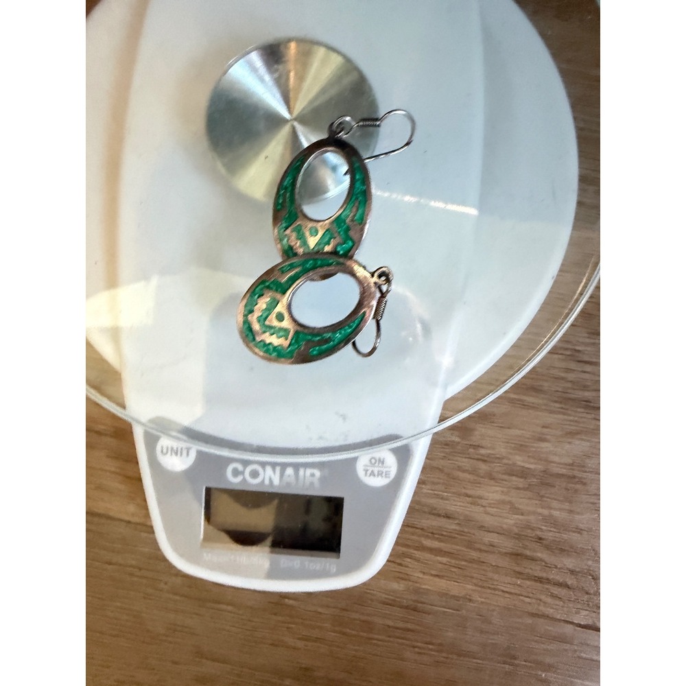 Mexico Sterling Silver 925 Green Enamel Dangle Earrings Boho Southwest Vintage - Picture 15 of 15